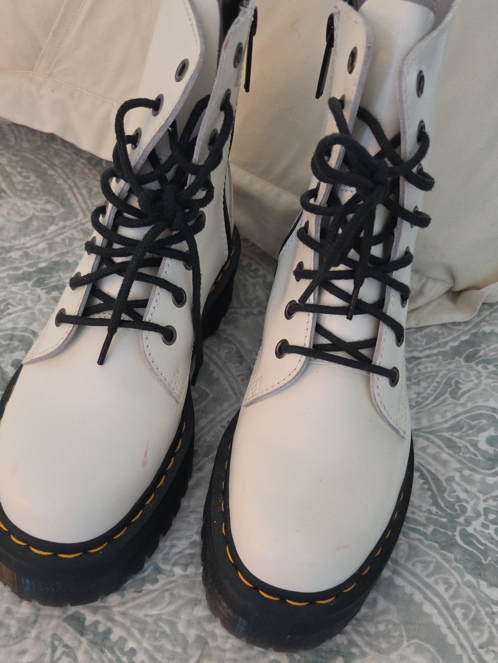 Dr. Martens White Lace-Up Platform Combat Boots with Black Laces